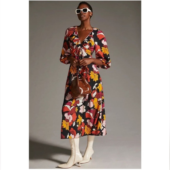 Anthropologie Dresses & Skirts - Anthropologie Maeve Deep-V Ruched Midi Dress sz 14